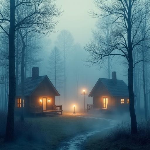 Foggy woods with cozy cabins. Light shines from cabin windows. Impressionistic style with watercolor effect. Soft pastel colors. Dreamlike and tranquil atmosphere. Layered silhouettes of trees with glowing lantern.