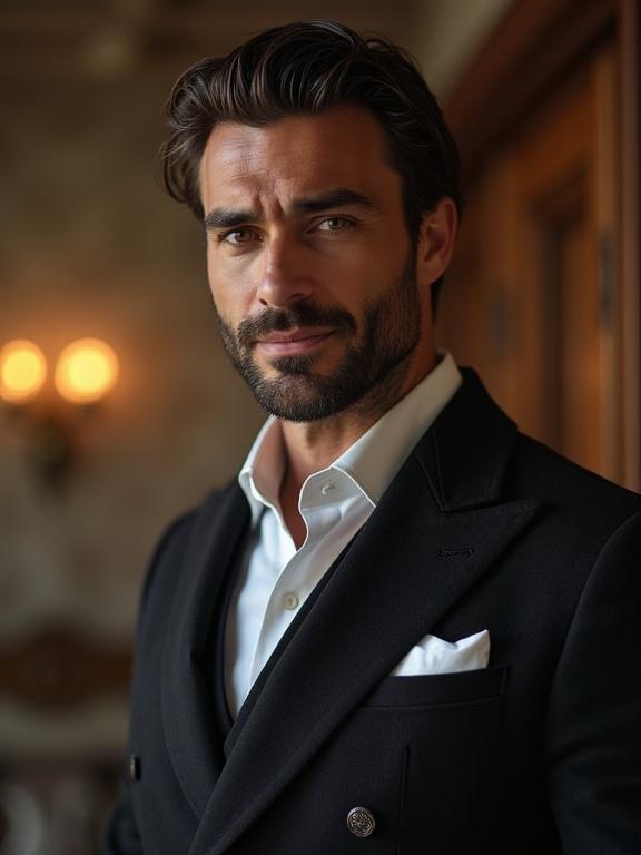 Portrait of a handsome Italian man with a well-groomed beard. Dressed in a tailored black suit with a white shirt. An elegant atmosphere in the background.