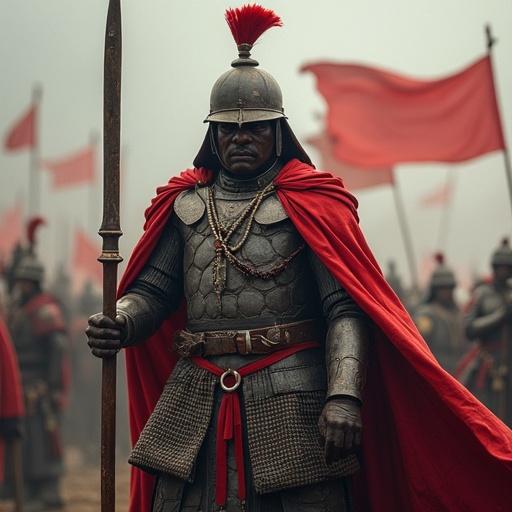 Nepal historical battle scene depicting a warrior in armor with a spear and red flags in the background. Soldiers in warlike attire ready for conflict. Strong sense of heritage and bravery.