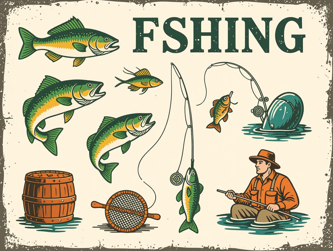 Vector images show various fishing elements. Design features a fisherman by the water. Includes several fish types, a fishing rod, a net, and a barrel.