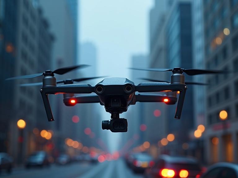 A drone is flying in an urban environment. The city background features tall buildings and streetlights. It is a cloudy dusk with car lights visible in the street.