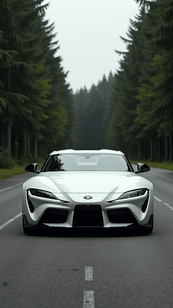 A sleek white sports car is parked on a forest road, surrounded by tall, symmetrical evergreen trees, creating a calm and majestic atmosphere.