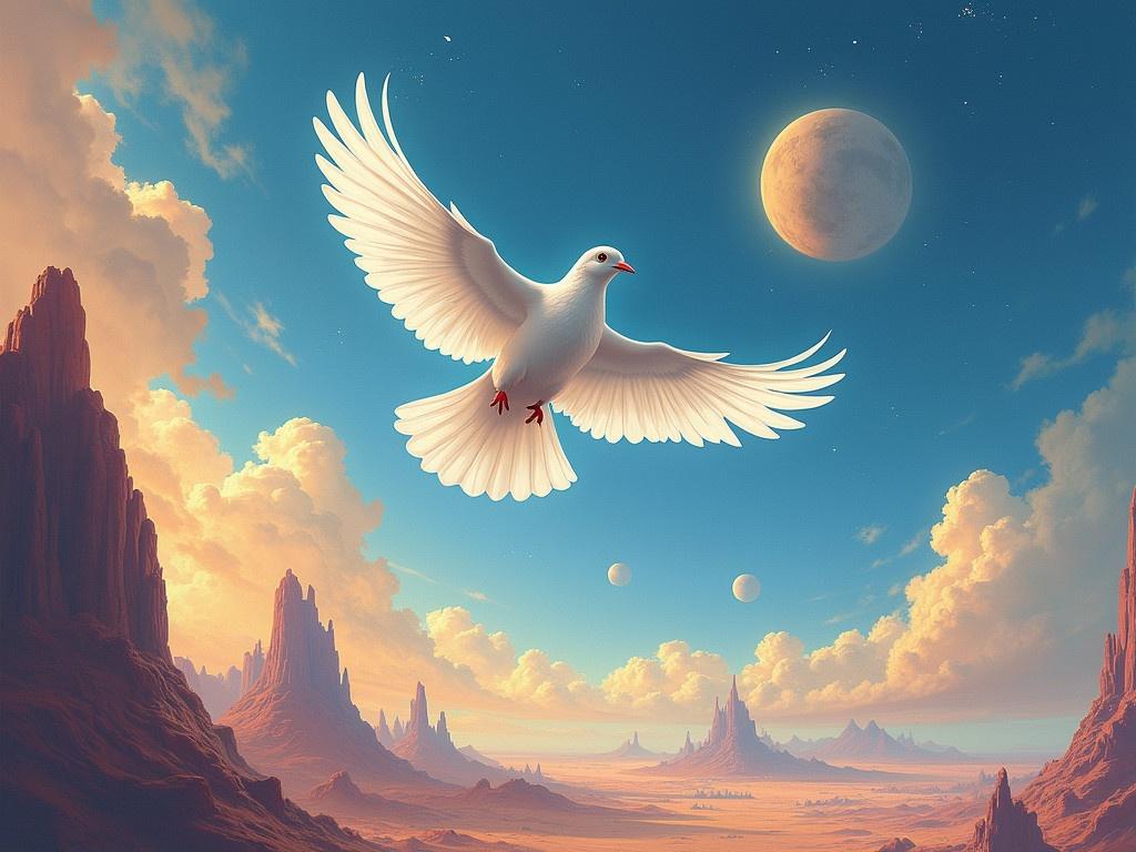 A white dove, symbolizing peace and hope, gracefully flies through the vibrant sky of an alien planet. The atmosphere is filled with swirling colors and abstract forms, reflecting a sense of imagination and fantasy. This scene captures the essence of love and the beauty of nature in a science fiction setting. The dove's flight signifies spiritual rebirth and the longing for harmony in this otherworldly environment. As it glides above strange landscapes, the viewer is invited to ponder the possibilities of existence beyond Earth.