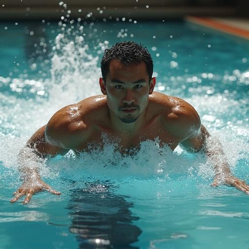A muscular male swimmer in a pool performing a crawl stroke. The image has an artistic quality reminiscent of Monet's style.