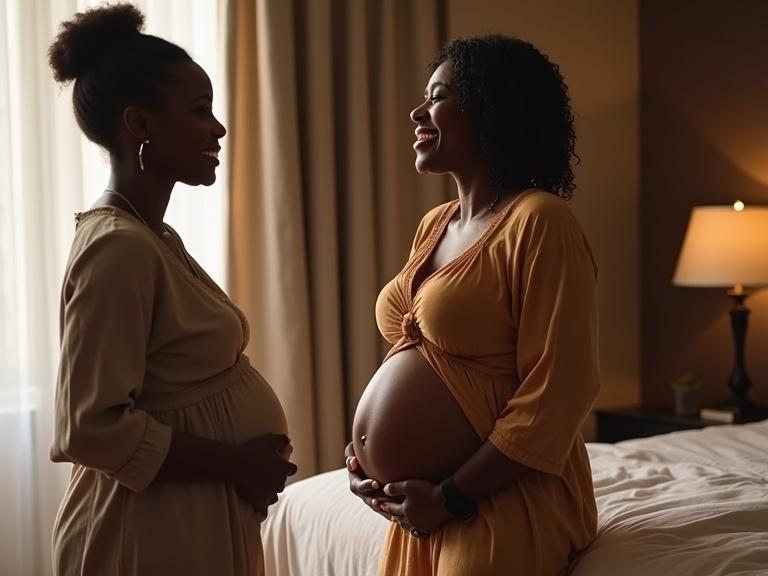 Image of two pregnant women in a luxury bedroom smiling and connecting with their bellies.