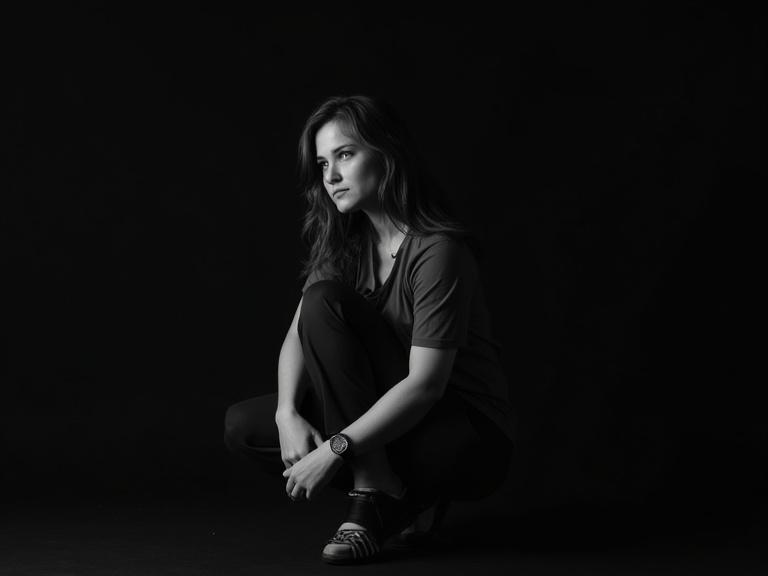 A black and white portrait of a young woman seated in a crouched position. Dramatic lighting creates strong contrasts. The image conveys intensity and emotional weight.