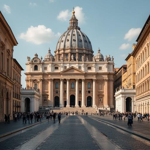 St. Peter's Basilica in Vatican City. A detailed view of the architecture. Pedestrians on the street in foreground. Clear blue sky above. Historic building with a prominent dome. Surrounding structures add context.