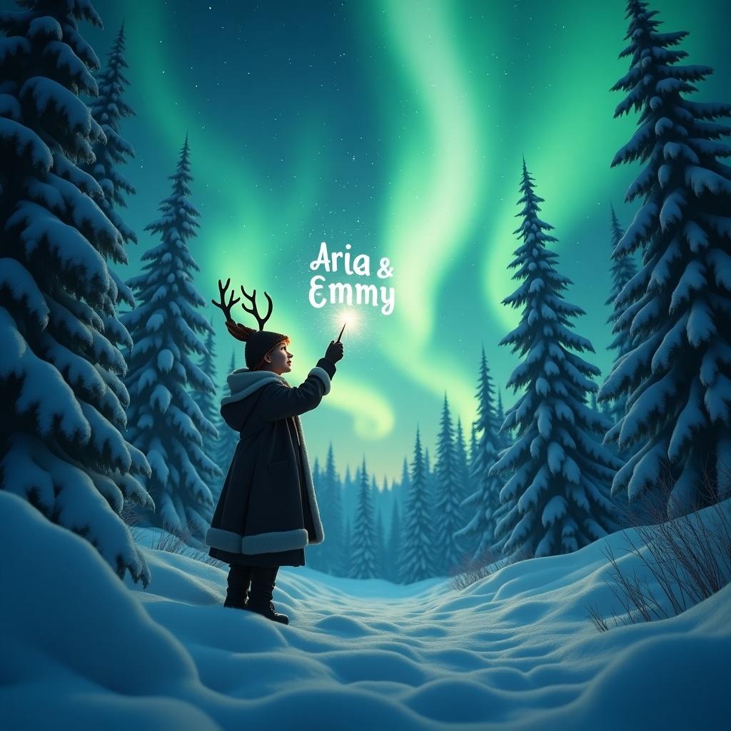 Scene features an elf in snow-covered forest. Northern lights glow in green and blue. Elf with antlers gazes at the lights while using a magic wand. Name 'Aria & Emmy' is written in the air. Surrounding snow-covered trees enhance the magic.