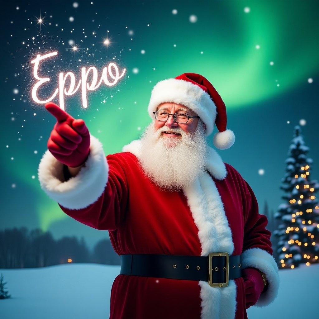 Image of Santa Claus in a red suit pointing with a sparkling wand into the night sky. The word Eppo appears in the sky. Snowflakes are falling around him. Northern lights create a magical backdrop with winter scenery.