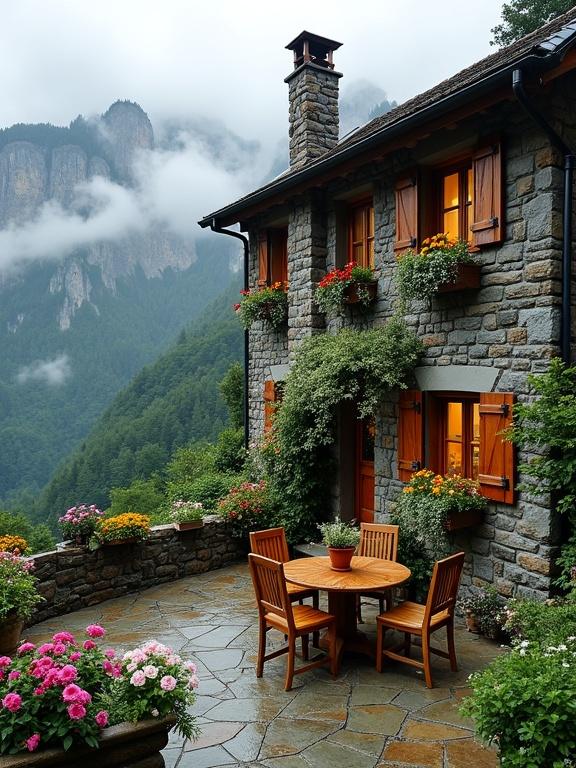 Stunning mountainside stone cottage terrace. Natural charm with floral beauty. Rustic character in a serene setting.