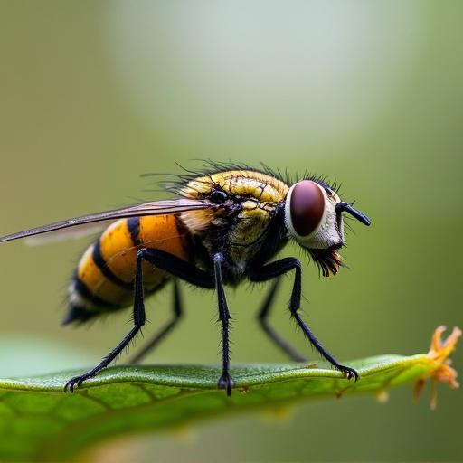 Close-up photography of a fly on a green leaf. The fly has distinctive yellow and black markings. Detailed view of its body and eyes with natural light creating an appealing image.