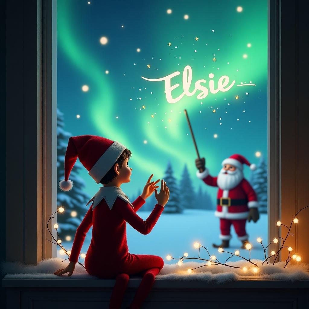 An enchanting holiday scene features an elf on the shelf with its back turned, gazing toward the sky. The elf is playfully using a wand to write the name 'Elsie' in the shimmering night sky. The background is a spectacular display of the northern lights, casting a magical glow. In the distance, Santa Claus is visible, adding to the festive atmosphere. The setting is cozy with touches of holiday decorations, including twinkling lights and snow-covered trees. This image captures the essence of Christmas wonder and joy, perfect for evoking holiday spirit.