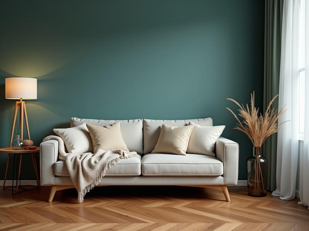 Create a cozy modern living room scene. The walls are painted a deep teal color, giving a calming atmosphere. A contemporary, plush sofa is centered in the room, adorned with soft pillows and a warm throw blanket. Next to the sofa, there is a simple wooden side table with a glass vase containing dried flowers. On the floor, rich hardwood flooring has an elegant herringbone pattern, enhancing the modern aesthetic.