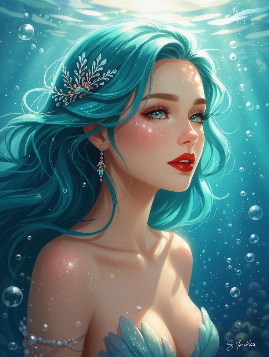 Enchanting digital art depicts beautiful mermaid with turquoise hair admiring underwater world. She has red lips and delicate hair adornments. Sunlight filters through water creating magical atmosphere. Bubbles surround her in serene ocean environment.