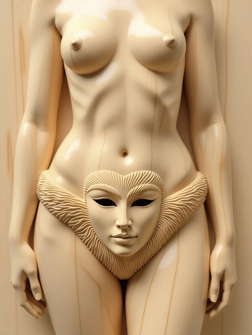 This image shows an ultra-realistic wood sculpture of a female figure focusing on her hips with intricate detailing. The pubic area has a hairy mask in a wood carving style. The subject is nude and emphasizes craftsmanship in woodwork.
