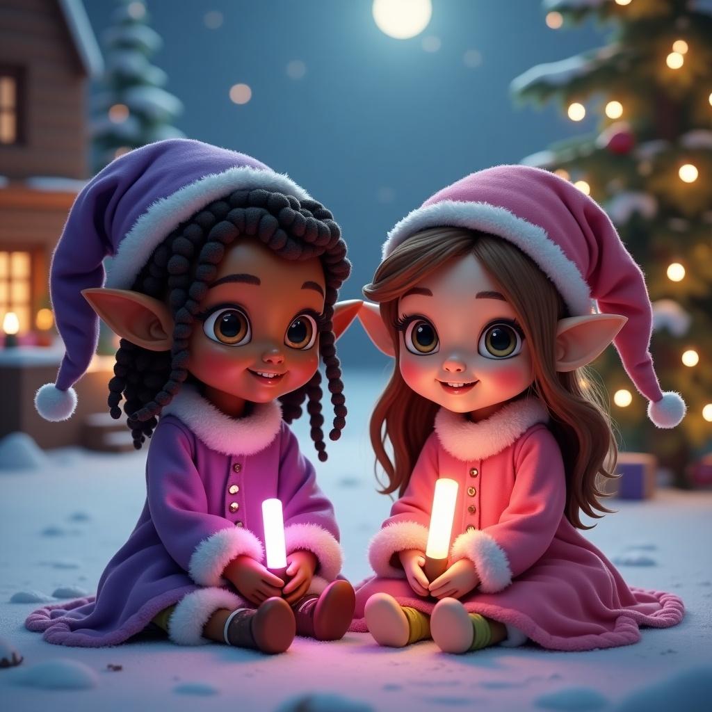 Two girl elves sit in front of a Christmas tree. One has brown skin and short dreadlocks, wearing purple. The other has long brown hair and fair skin, wearing pink. Both hold glowsticks.