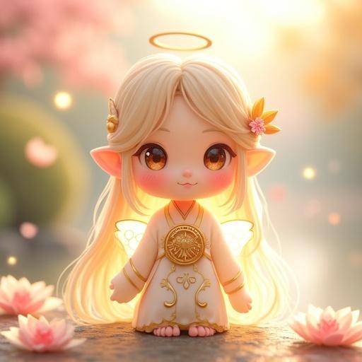 Chibi-style full-body portrait of a fairy-like guardian spirit named Shion. She has smooth translucent skin and golden hair, glowing gently. Delicate wings flutter behind her. She wears a fantasy kimono decorated with sakura. A faint halo hovers above her. The setting is a dreamy garden at dawn.