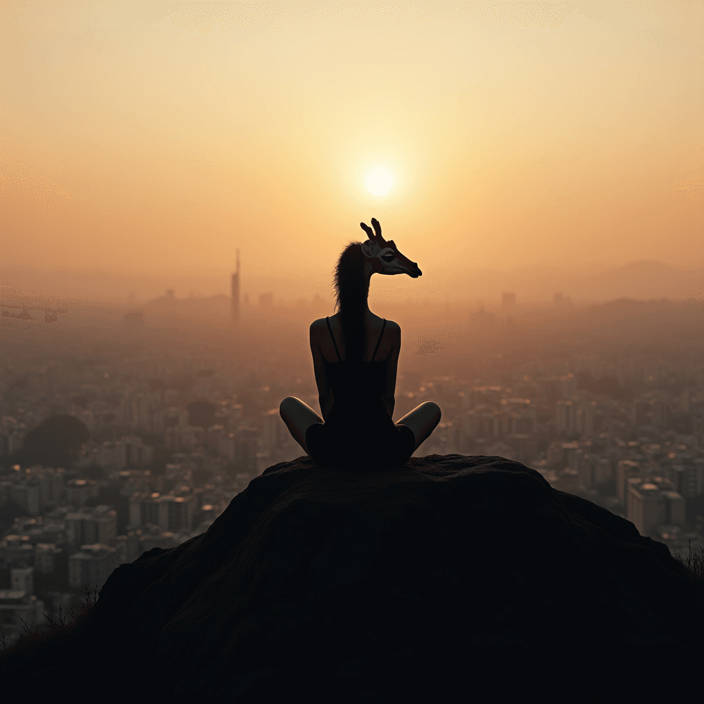 A person with a giraffe head sits on a rock overlooking a city at sunset.