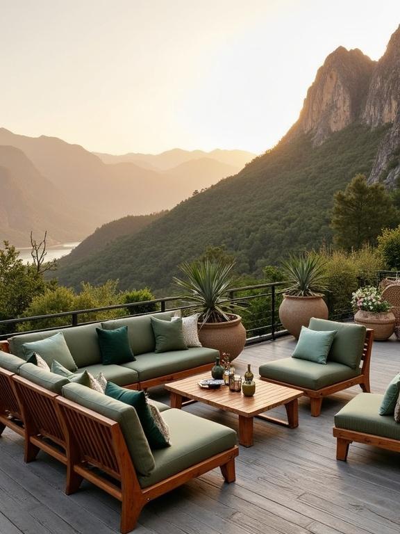 Image depicts a beautiful outdoor seating area on a wooden deck. The deck overlooks mountains and a body of water during golden hour. The seating includes chaise-lounge sofas and armchairs with green cushions. A low coffee table is at the center with decorative items. Large round planters filled with plants surround the seating arrangement. Sunlight peeks through trees, illuminating the scene.
