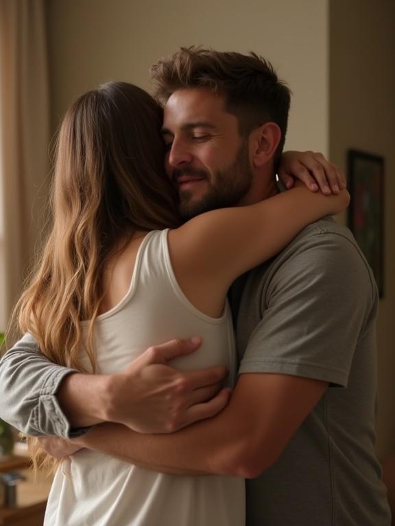 A heartfelt scene depicting a couple in an emotional embrace. Faces show joy and tears of happiness. Warm and soft lighting enhances the cozy home environment. The atmosphere conveys deep affection and reunion.