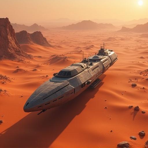 Overhead image of a galactic freighter landed on a desert planet. Reddish sands and sharp mountains in the background.