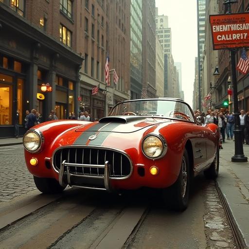Colorful Chevrolet Corvette on city street in steampunk style. The car is parked on cobblestones with historical buildings around. Flag decorations and modern architecture are in the background.