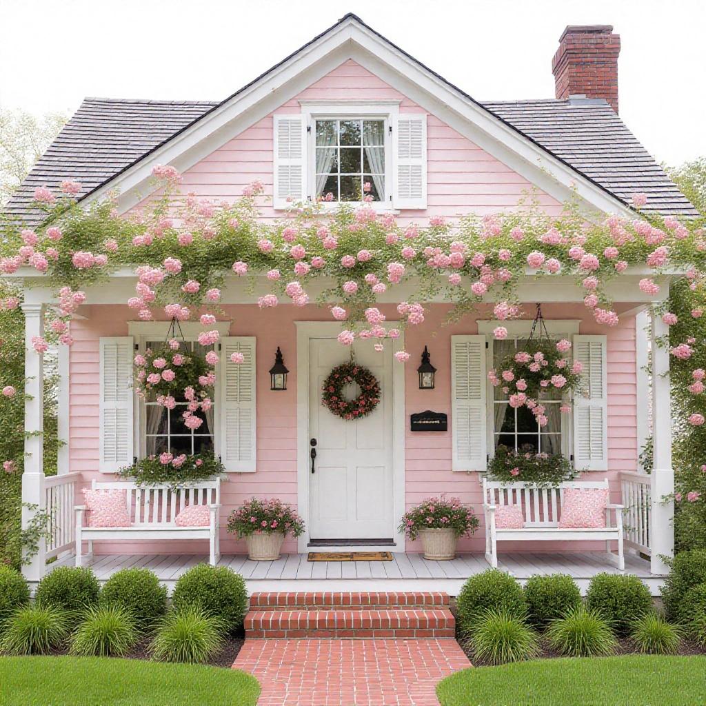 A lovely pink cottage with pink roses hanging from vines above and on the sides. Pretty porch with white swing. White door and shutters on windows.