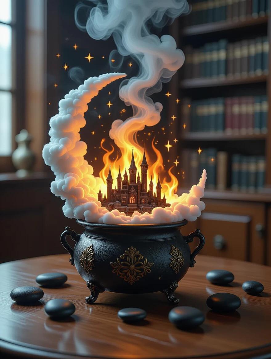 A miniature witch's cauldron is placed on a glass table in a library. Fire rises from the cauldron, surrounded by thick smoke. Black stones are scattered around. A crescent moon shape made of clouds and fire emerges from the cauldron. Inside the moon is a mirage city. Potions fly around in a magical style.