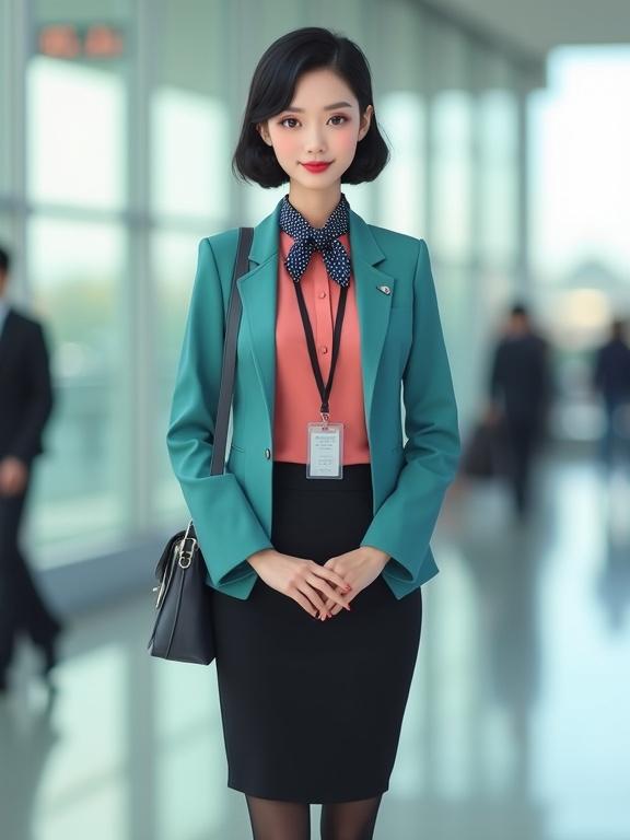 Concept for a female airport ground staff uniform including a coral-pink blouse and turquoise blazer over black pencil skirt. Black pantyhose, black low-heel pumps. Hair in a bun with light makeup and red lips. Silver name tag, ID badge on a black lanyard, and a dark-blue-gingham scarf. Background of an airport terminal, standing straight with hands clasped. Full body shot with kawaii aesthetic.
