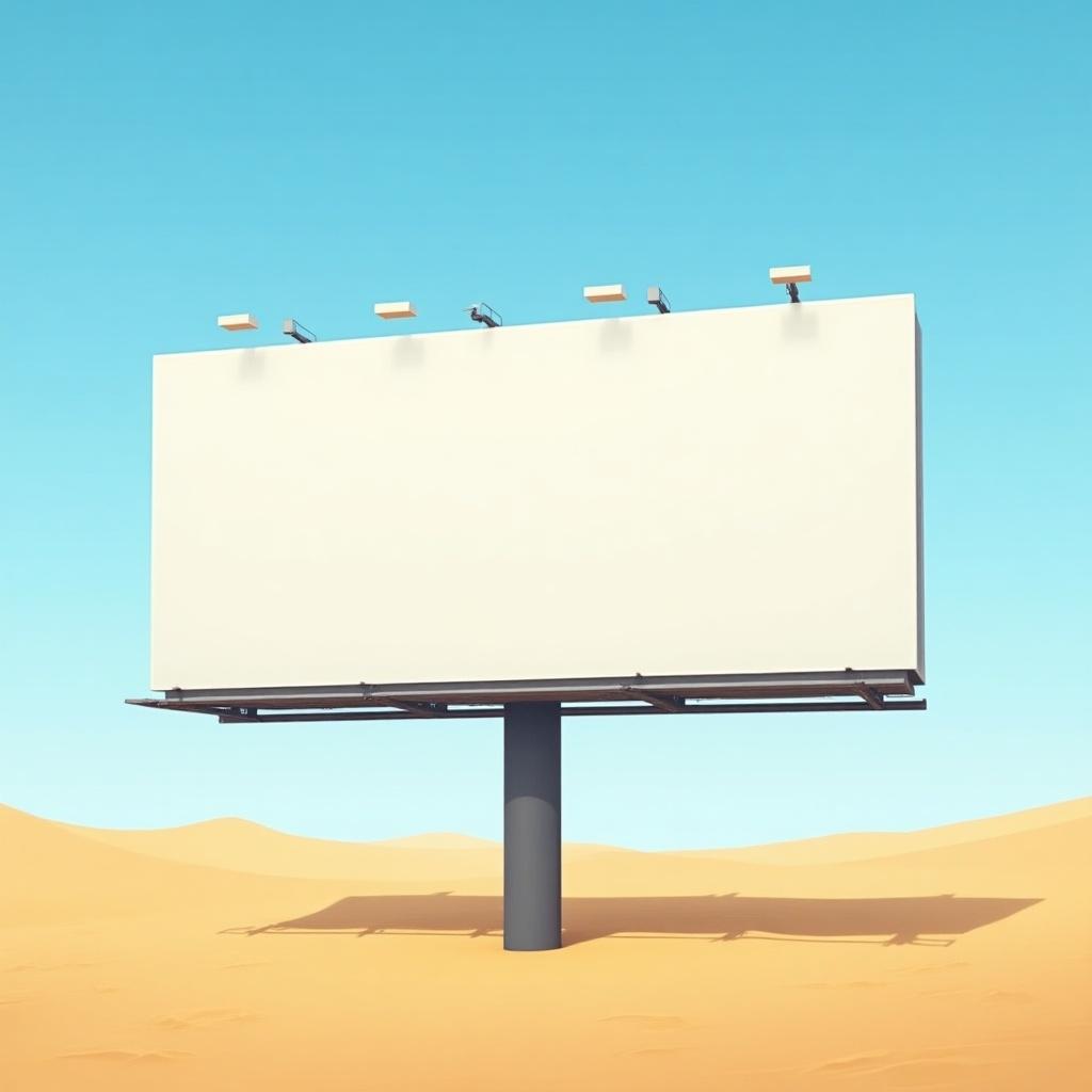 A large blank billboard stands prominently in a sandy desert. It is surrounded by vast stretches of golden sand under a bright blue sky. The billboard is designed with double sides, offering ample space for advertisements. This scene is free from any distractions, highlighting the billboard against the serene landscape. The sun casts a soft shadow from the structure, emphasizing its isolation in the desert environment.