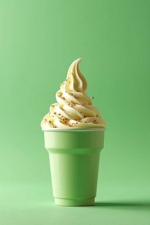 High-quality image of soft-serve ice cream in a light green cup against a green background. Ice cream swirl appears rich and creamy with sprinkles on top. Simple and clear composition.