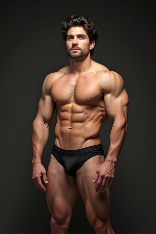 Handsome man posing in underwear. Dark hair and muscular body. Green-eyed man striking a sexy pose. Defined muscles visible on body.