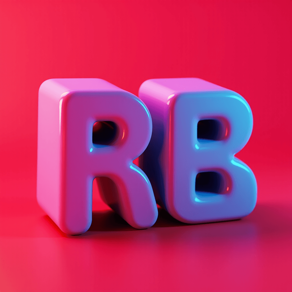 Two glossy, rounded 3D letters 'R' and 'B' in vibrant pink and blue against a bold pink background.