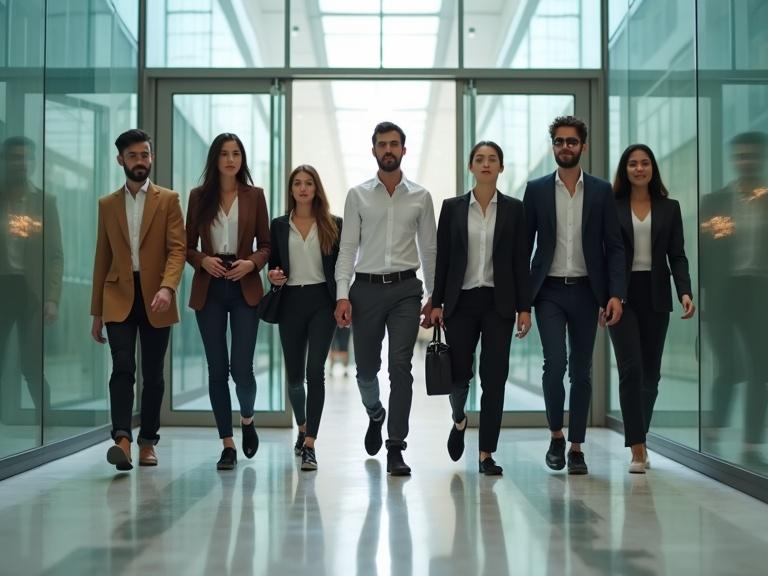 Diverse group of young professionals confidently walking through a sleek glass atrium. Background has motion blur creating dynamic energy. Faces are in sharp focus with natural lighting. Styled in a Vogue editorial manner at high resolution.