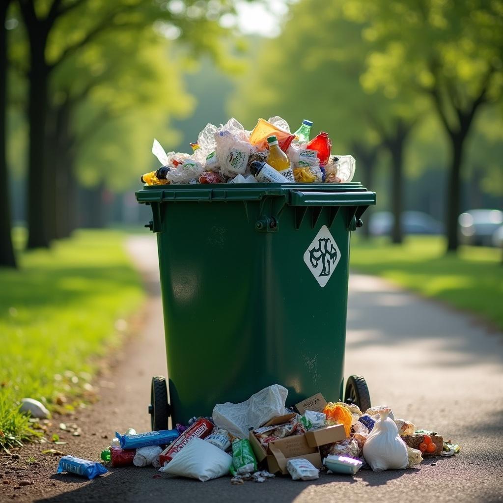 A trash can overflows with waste including plastic wrappers and bottles in a public park. The trash spills onto the ground showing various materials. Trees and grass are blurred in the background with a walking path. Natural lighting highlights the scene creating depth.