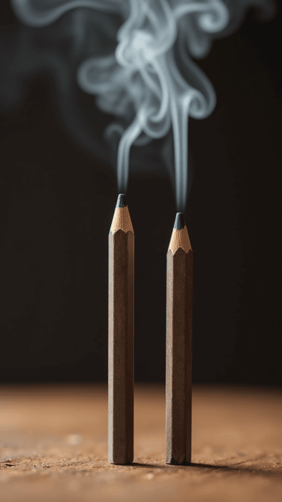 Two sharpened black pencils are standing upright, emitting swirling smoke against a dark background.