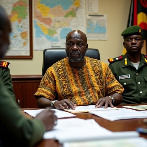 Ugandan President Yoweri Museveni in traditional attire seated in military HQ. Military officials surrounding him discussing Germany military cooperation. Documents and maps spread on the table.