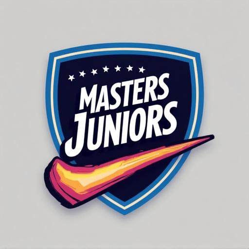 Stylized logo featuring the name Masters Juniors. Abstract design with bold typography. Vibrant colors and elegant gradients. Sleek and innovative feel for a league or program. Clean and professional layout without mascots or shields. Blend youthful and prestigious energy.
