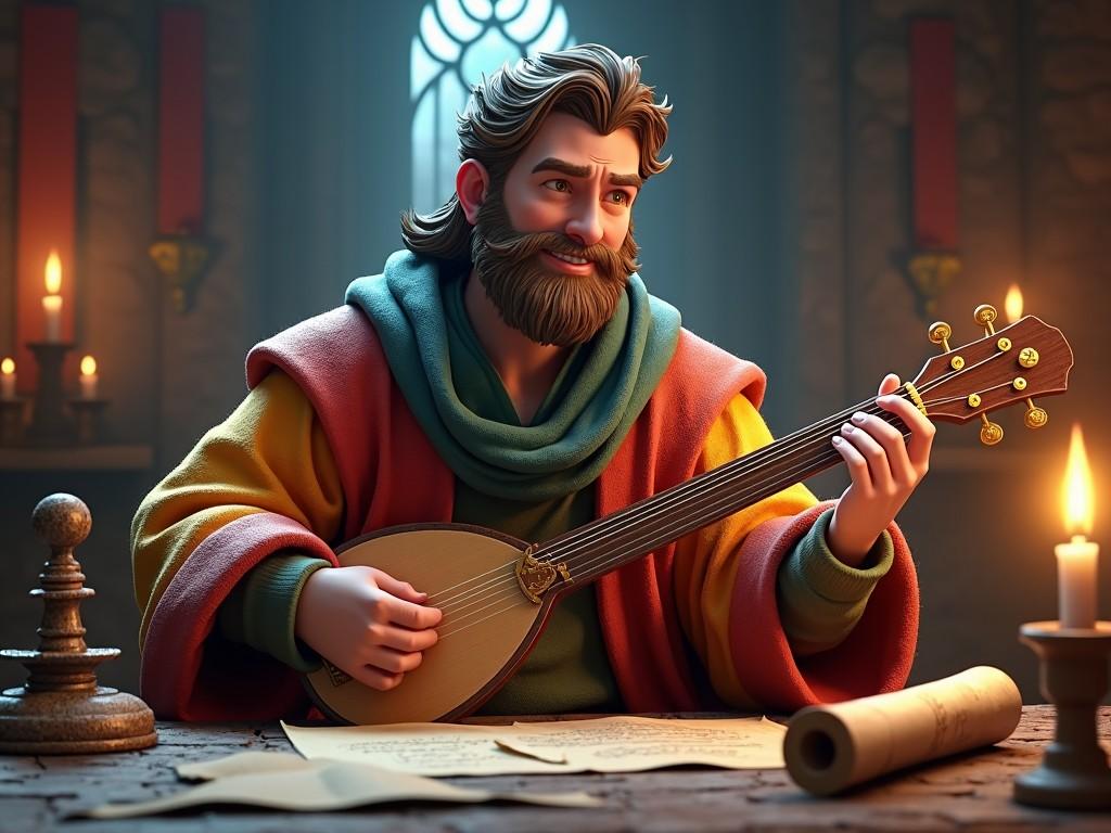 An animated character of a bearded medieval musician playing a lute in a warmly lit room with candles and scrolls.