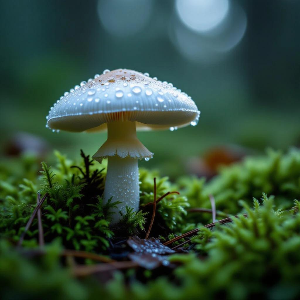 Close-up image of a white mushroom in a lush mossy environment. Captured at night highlighting clear dew drops on top. Soft lichen and some pine needles accompany the mushroom. The background is blurred showcasing forest shadows.