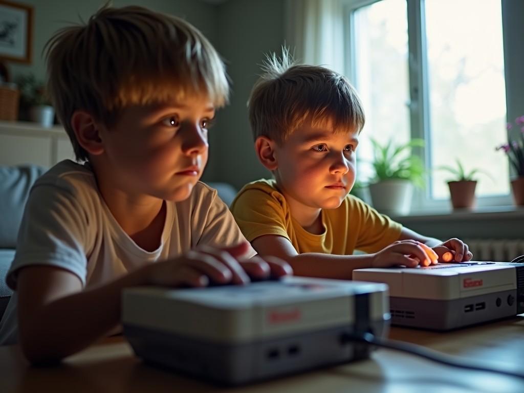 Two young boys are intensely focused as they engage in a video game in a cozy living room. The room is warmly lit from the natural light pouring in through the window, casting soft shadows. The scene evokes a sense of nostalgia, capturing the innocent joy of childhood gaming experiences.