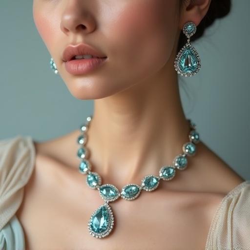 Elegant female model showcases luxurious aquamarine gemstone jewelry. Close-up emphasizes radiant aquamarine pendant. Soft studio lighting with neutral pastel background highlights cool blue tones. Minimal classy makeup focuses on sparkling gemstones. High-end fashion editorial style. Sharp focus on jewelry with realistic details.