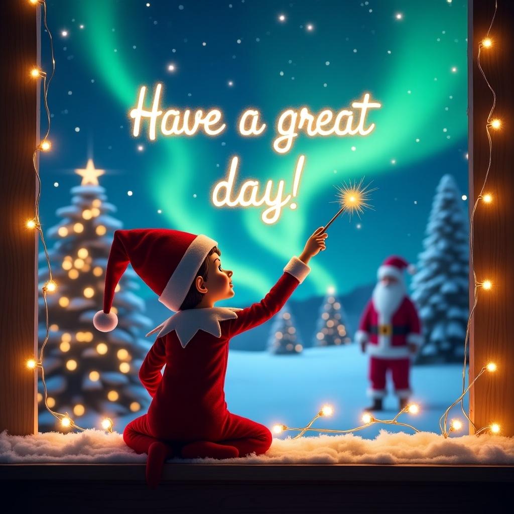 A girl elf on the shelf writes in the night sky with a wand. The words 'Have a great day!' sparkle above. A magical Christmas background with snow-covered trees and northern lights. Santa Claus appears in the distance, adding holiday charm.