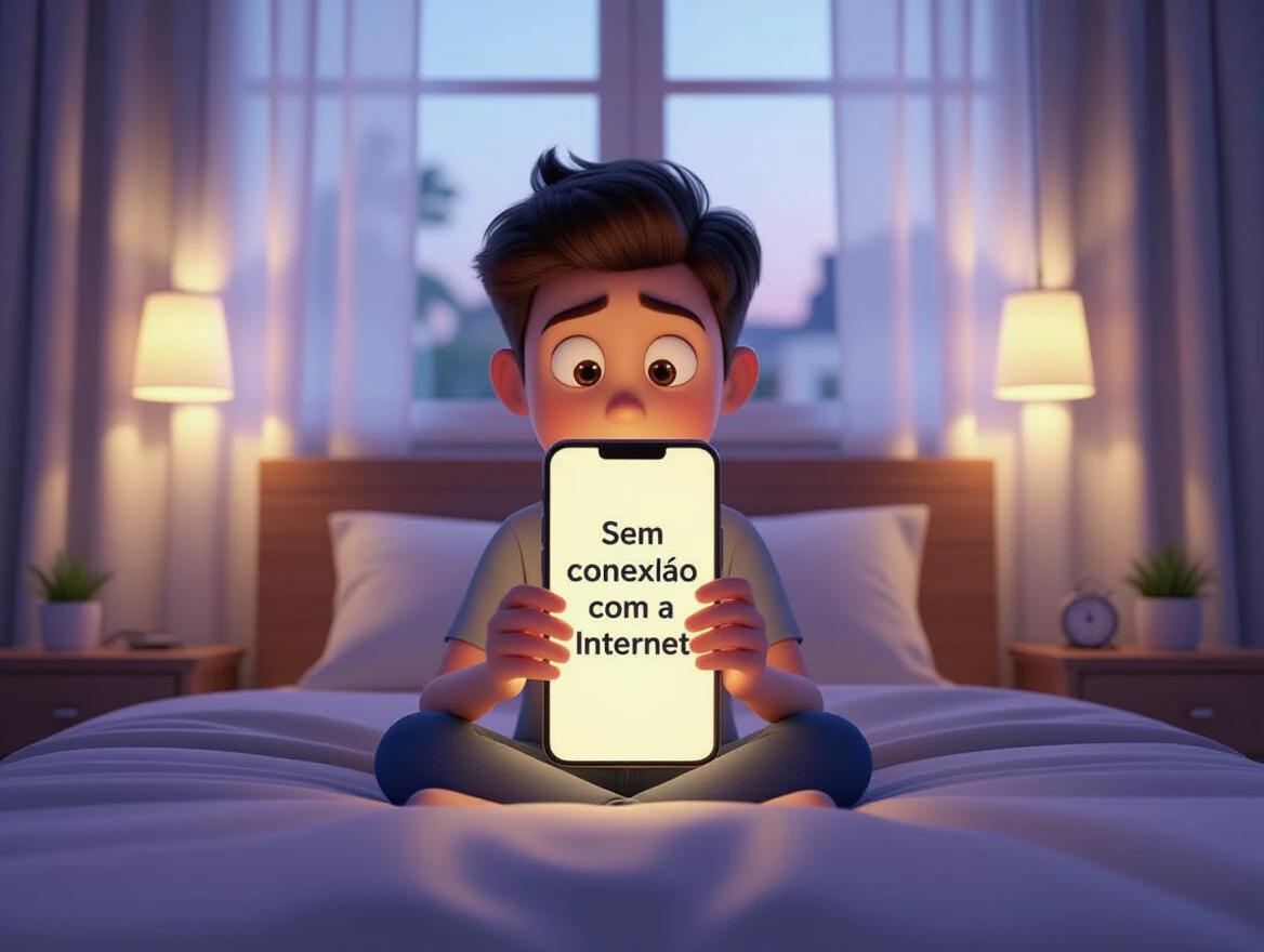 A Pixar-style 3D cartoon boy sits on the edge of a bed in a modern bedroom. The camera is positioned behind him focusing on a smartphone he holds. The glowing screen shows 'Sem conexão com a Internet'. The boy displays subtle tension and confusion. Morning light streams through curtains spotlighting the phone and part of the boy. Background features colorful walls and abstract decor. Vertical frame with clean depth-of-field emphasizing the phone's message.
