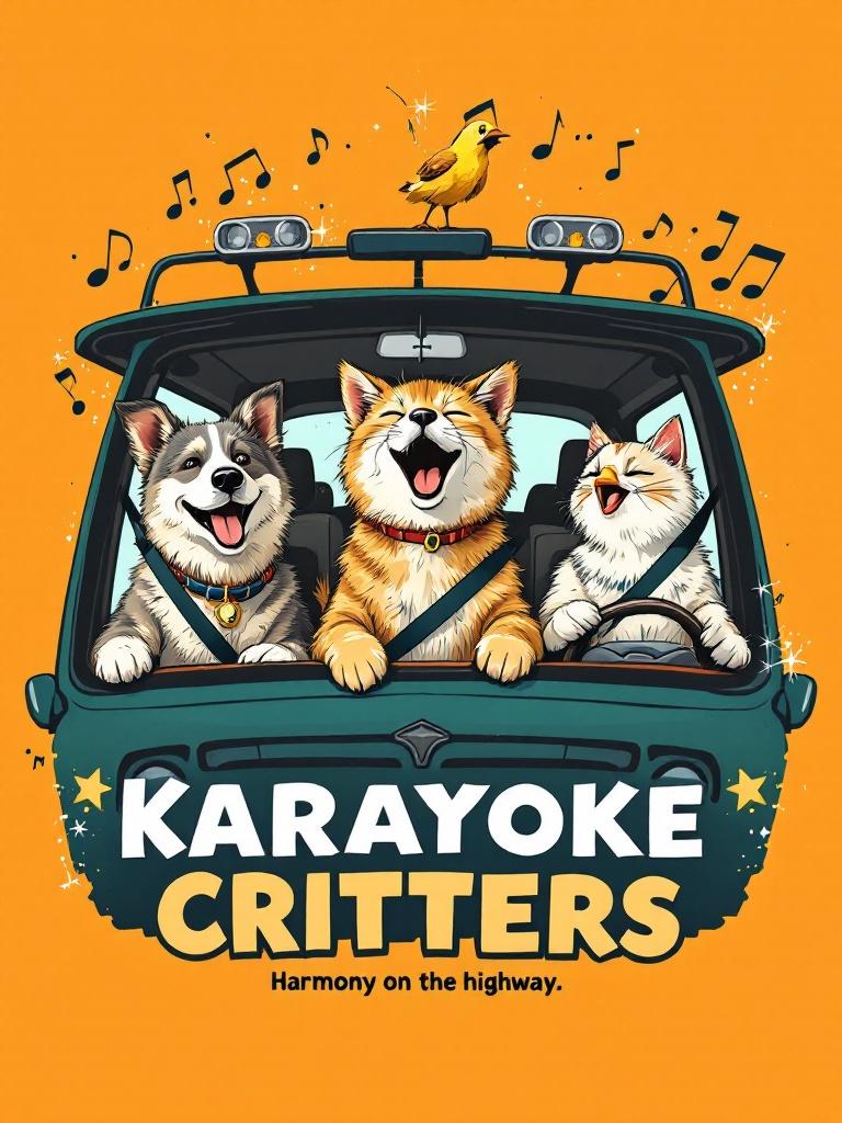 Design a playful T-shirt graphic. Include three animals: a dog, a cat, and a bird. They are singing happily inside a car. The dog and cat exhibit joyful expressions. A bird perches on top of the car. The background is vibrant orange. Include musical notes floating around. Caption reads 'KARAYOKE CRITTERS'.