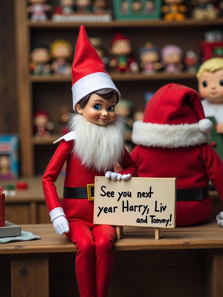 Elf dressed in red outfit with white trim sitting at a workshop table. Elf holds a sign that reads 'See you next year Harry, Liv, and Tommy!' Santa is in the background. Funko Pop toys are being made in the background.