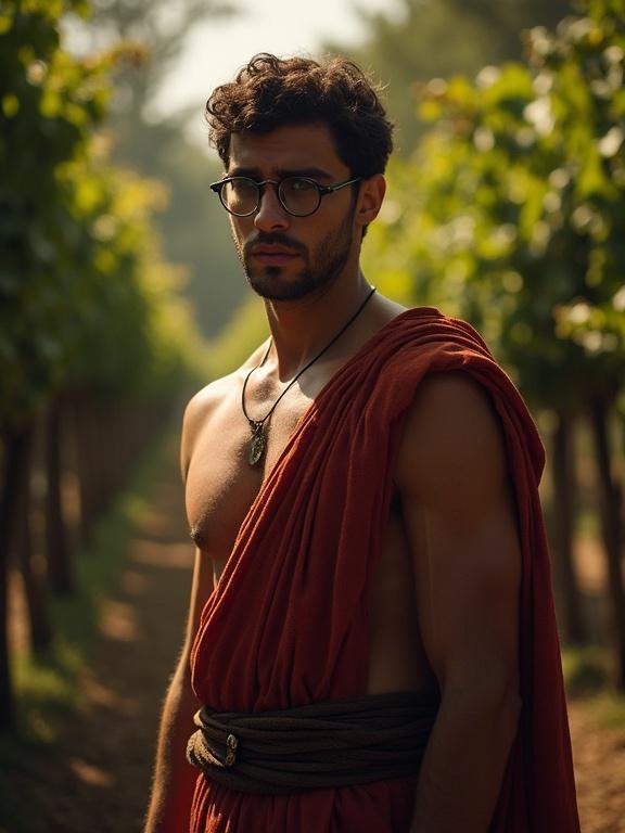 A young man wearing round glasses and robes stands among vines. He appears timid and worried. The scene is outdoors, with an artistic style resembling the game HADES, featuring chiaroscuro lighting effects.