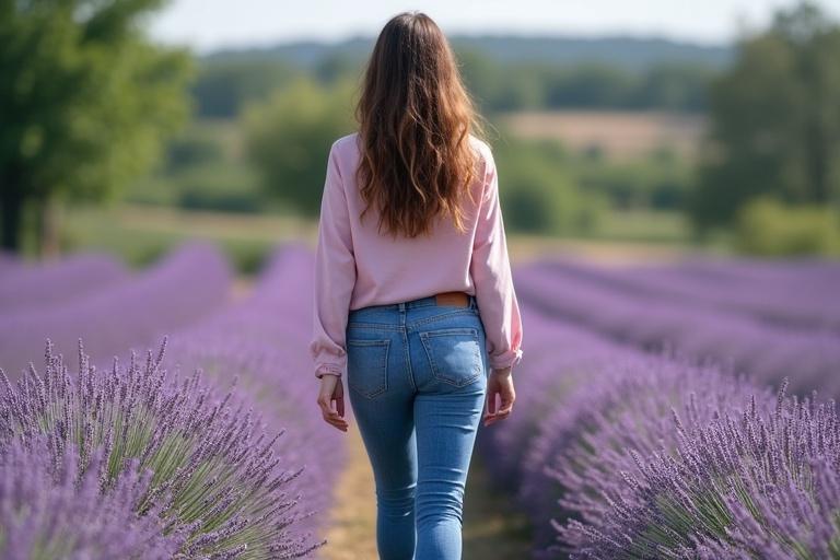 Image shows adult woman in jeans walking through large lavender garden. Hair is wavy and shoulder length.