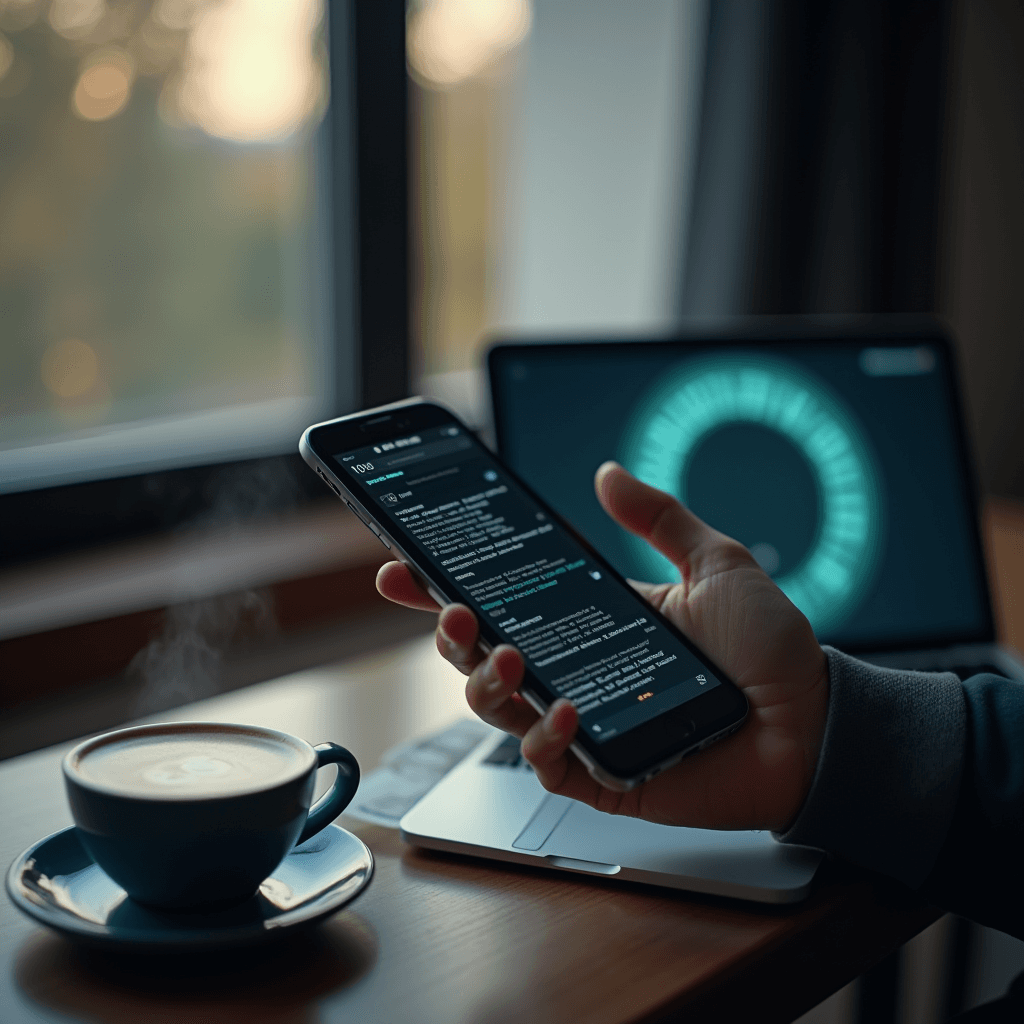 A cozy morning scene with a steaming cup of coffee, a person holding a smartphone, and a laptop on a wooden table.