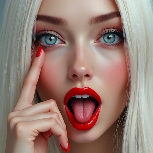 Hyperrealistic image of a stunning woman with long straight white hair and large blue eyes. She has fleshy red lips, mouth open wide with tongue out, finger pointing at her mouth. Long bright red nails, straight gaze at the observer. Flawless skin and long eyelashes, closed eyes, defined eyebrows, soft glow and subtle lighting. Highly detailed digital painting.